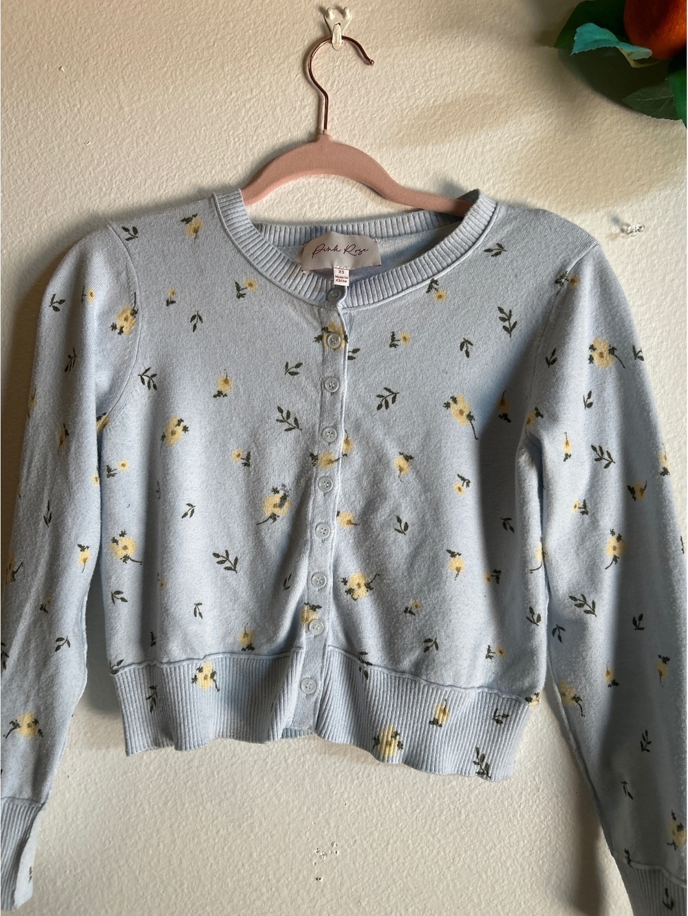 Pink Rose Light Blue Floral Button-Up Cardigan Sweater XS
